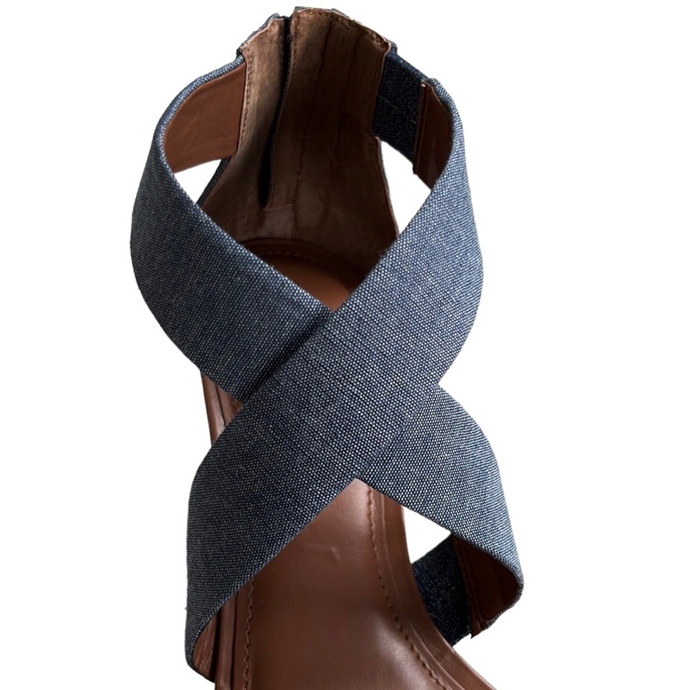 White House Black Market Blue Denim Crisscross Wedge Sandals - Picture 7 of 8
